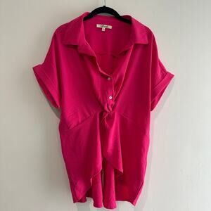 Blush Pink Blouse Tie at Waist Front Buttons High Low w/ Back Split Size 1XL